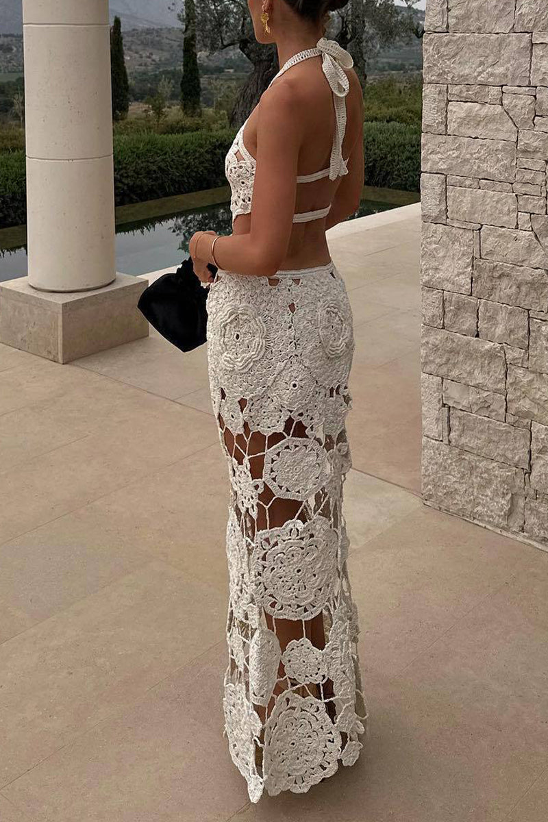 Hollow Out Lace Up Backless Halter One Step Skirt Dresses