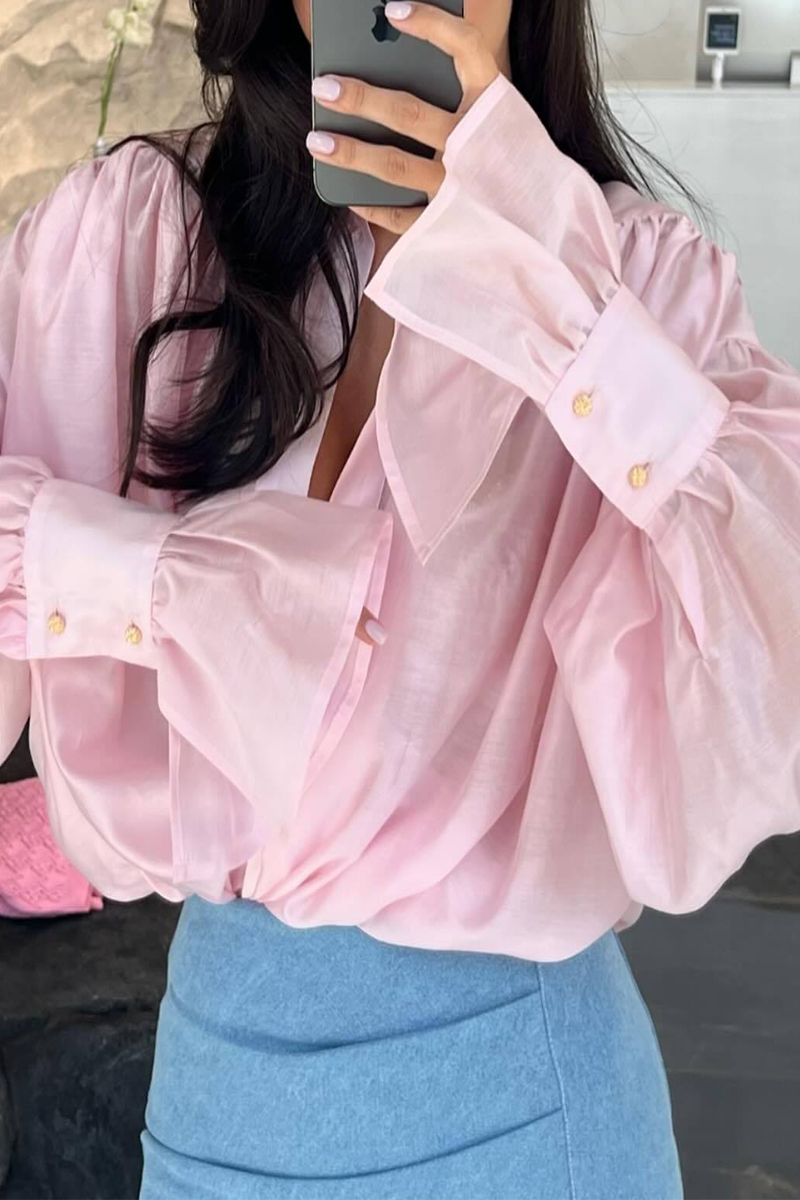 Street Color Buttons See-through Turndown Collar Blouses