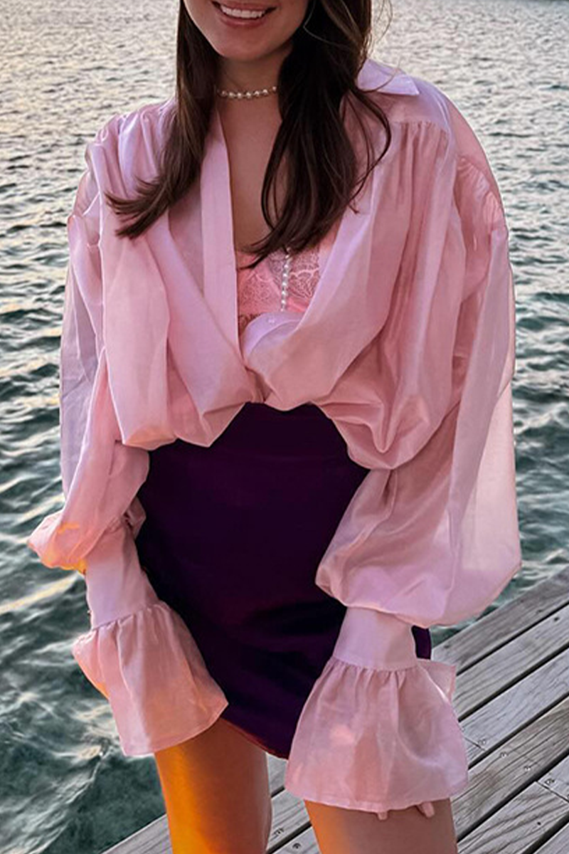 Street Color Buttons See-through Turndown Collar Blouses