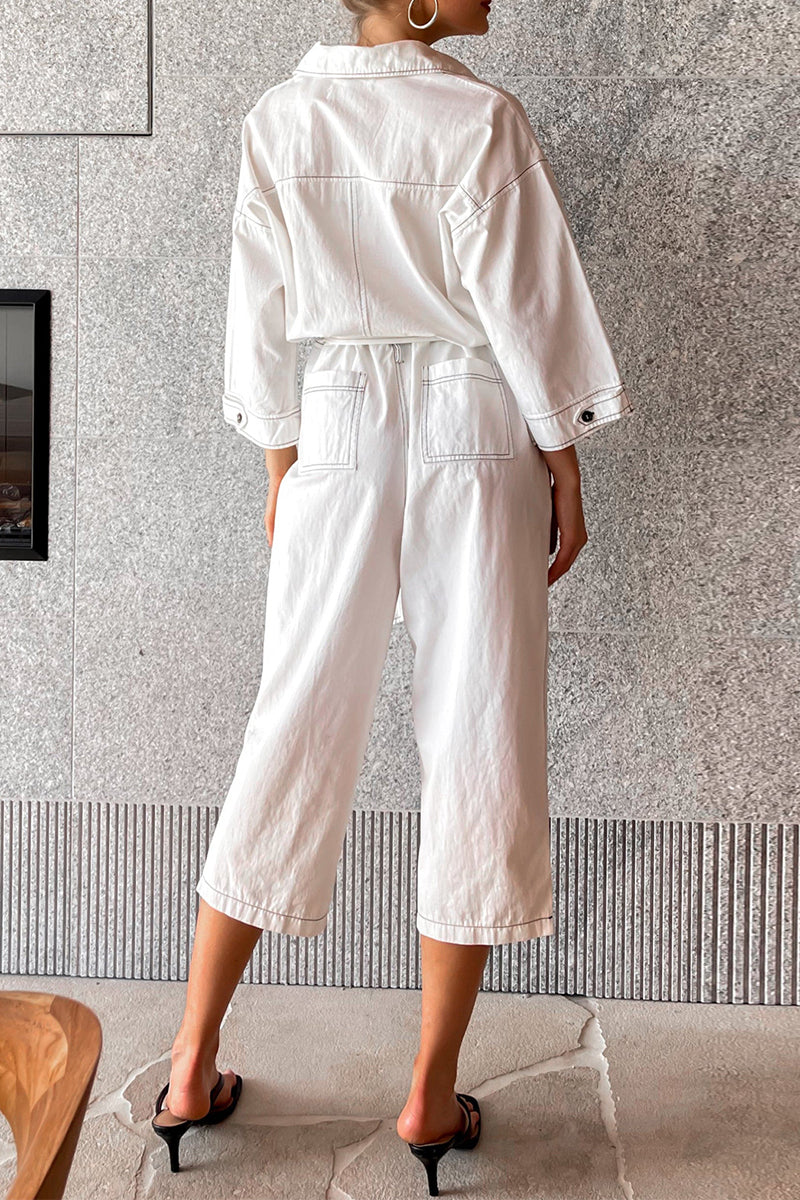 Color Lace Up Patchwork Turndown Collar Loose Jumpsuits