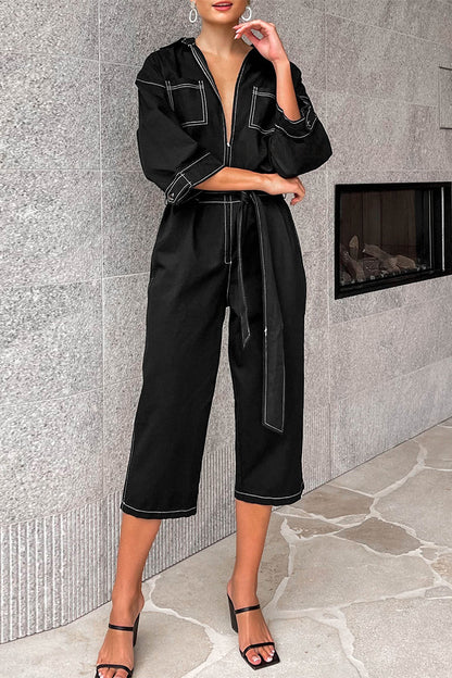Color Lace Up Patchwork Turndown Collar Loose Jumpsuits