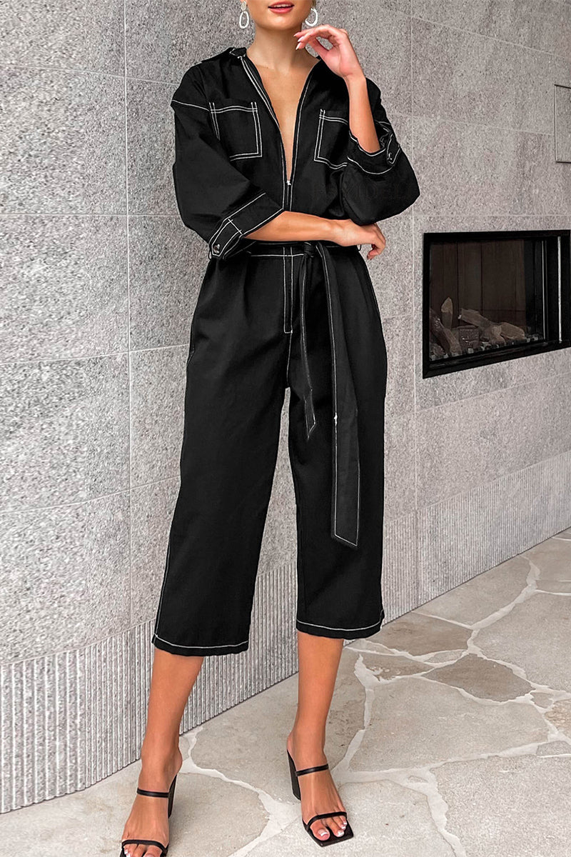 Color Lace Up Patchwork Turndown Collar Loose Jumpsuits