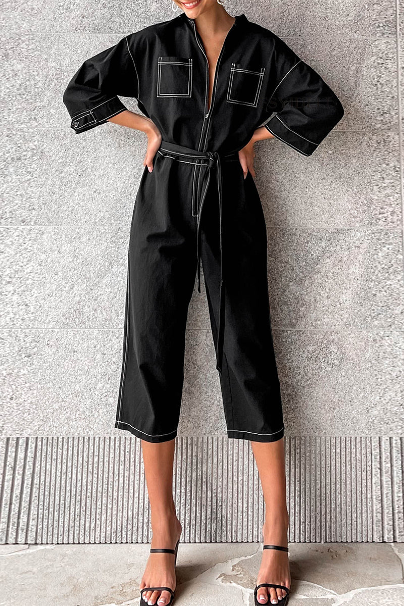 Color Lace Up Patchwork Turndown Collar Loose Jumpsuits