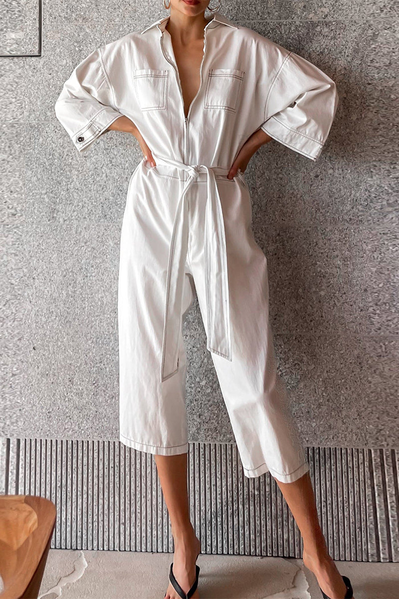 Color Lace Up Patchwork Turndown Collar Loose Jumpsuits
