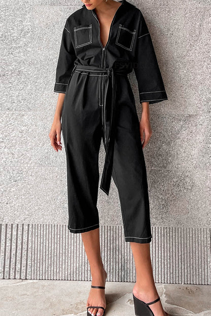 Color Lace Up Patchwork Turndown Collar Loose Jumpsuits