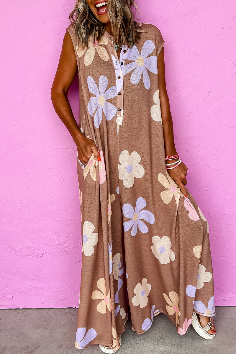 Flowers Buttons O Neck Loose Jumpsuits