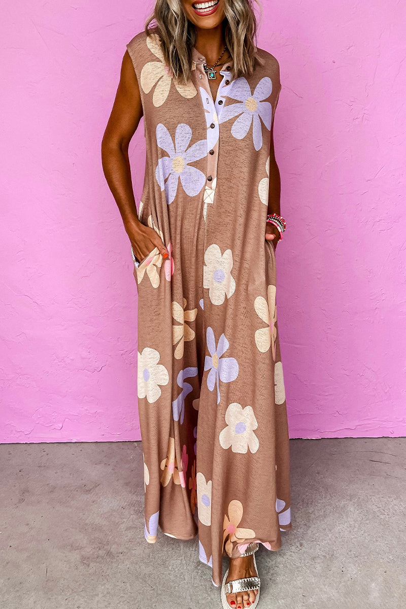 Flowers Buttons O Neck Loose Jumpsuits