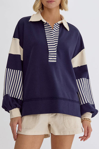 Street Stripe Patchwork Contrast Turndown Collar Hoodies(8 Colors)