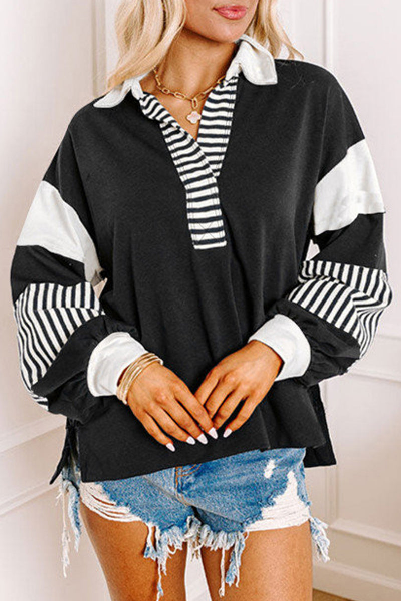 Street Stripe Patchwork Contrast Turndown Collar Hoodies(8 Colors)