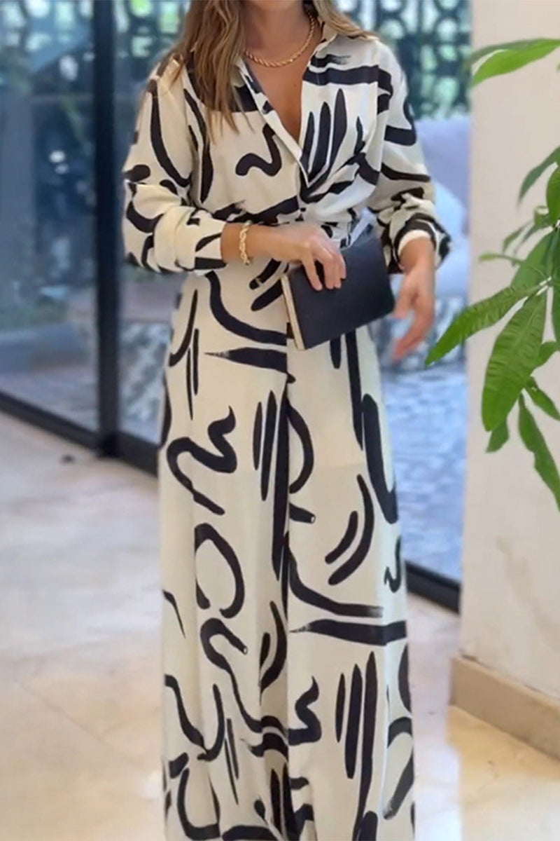 Street Geometric Print Lace Up Turndown Collar Loose Jumpsuits
