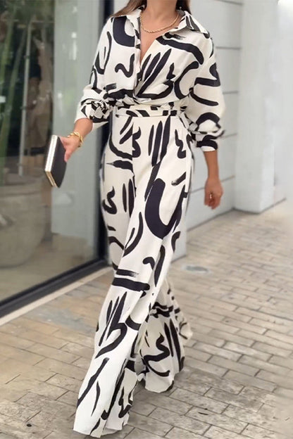 Street Geometric Print Lace Up Turndown Collar Loose Jumpsuits