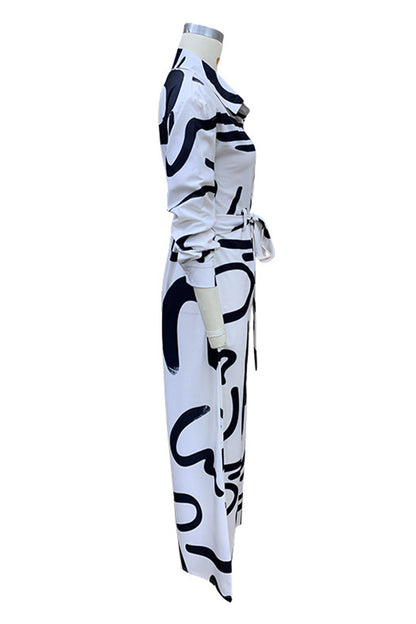 Street Geometric Print Lace Up Turndown Collar Loose Jumpsuits
