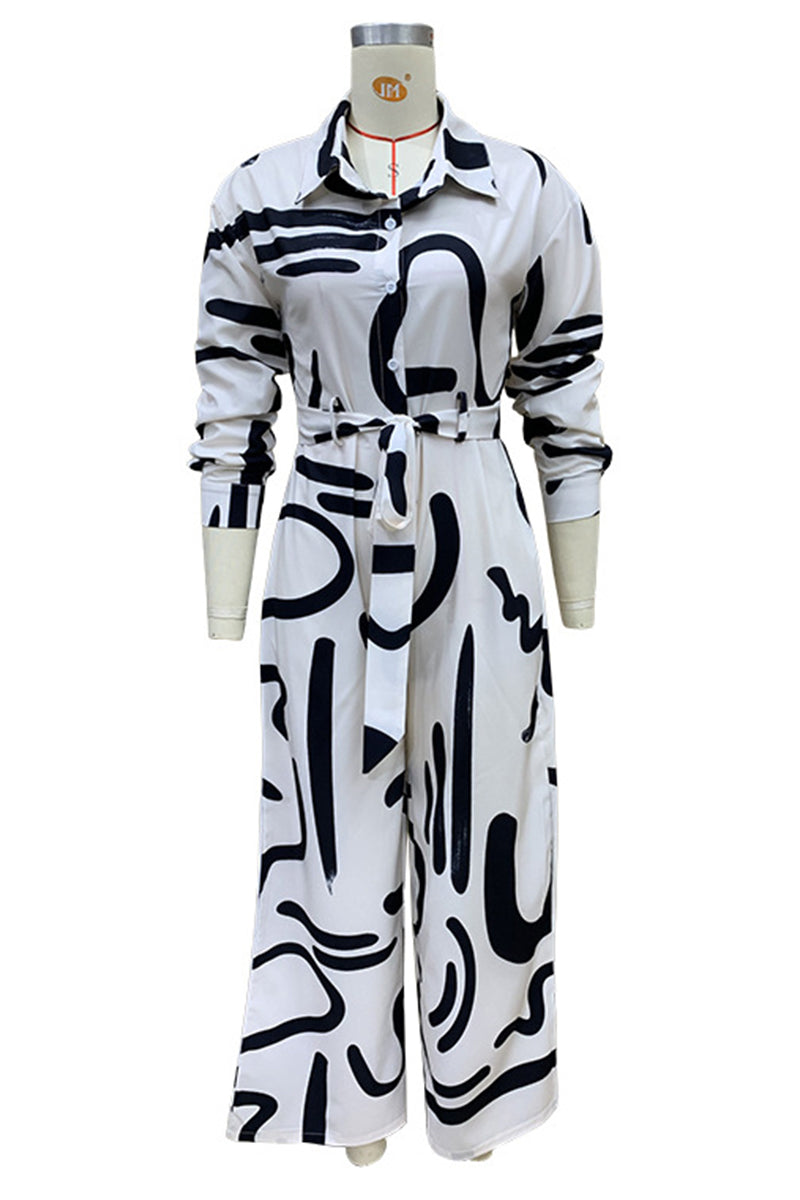 Street Geometric Print Lace Up Turndown Collar Loose Jumpsuits