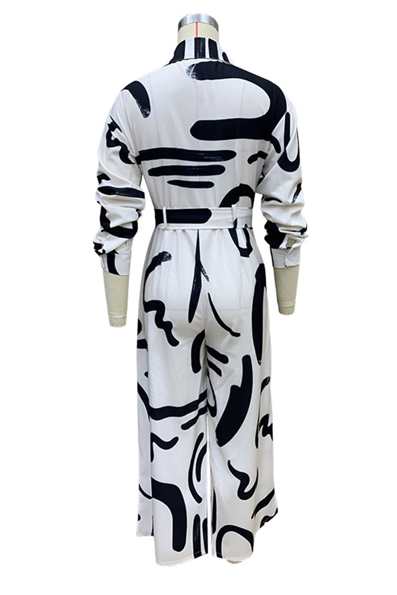 Street Geometric Print Lace Up Turndown Collar Loose Jumpsuits