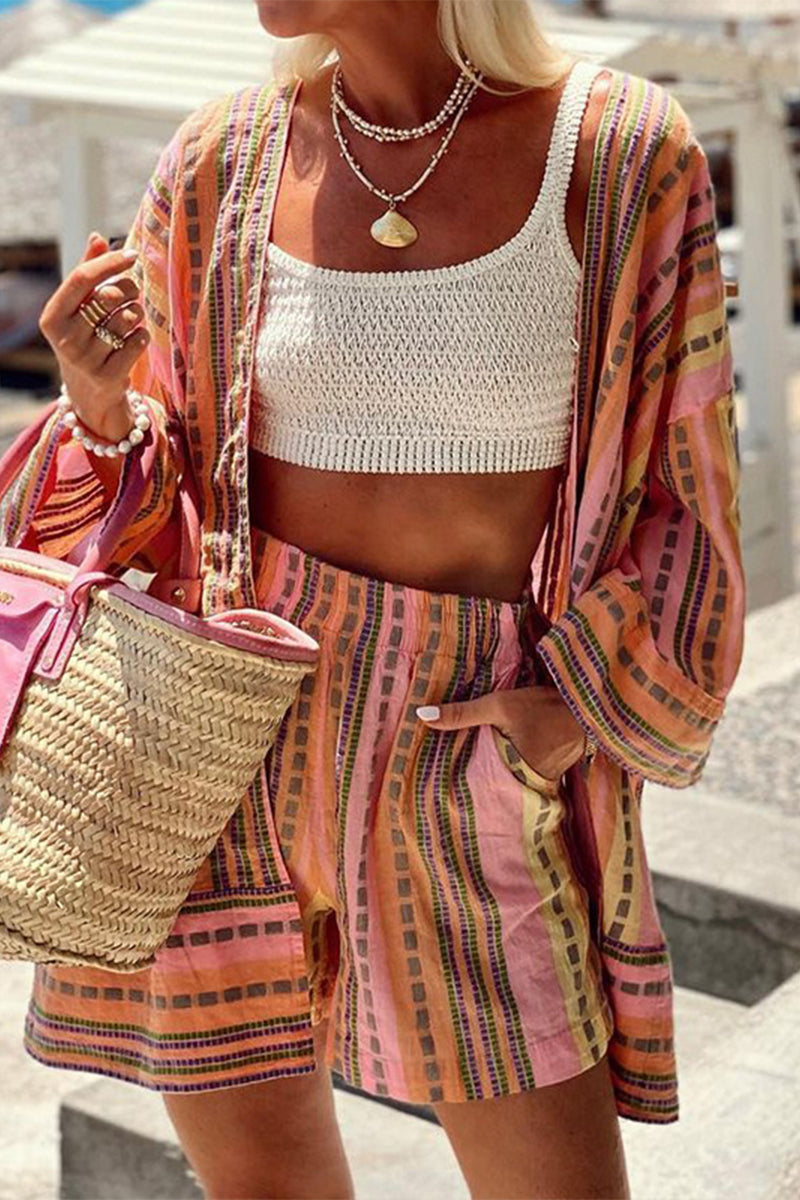 Daily Striped Print Pocket Cardigan Collar Long Sleeve Two Pieces