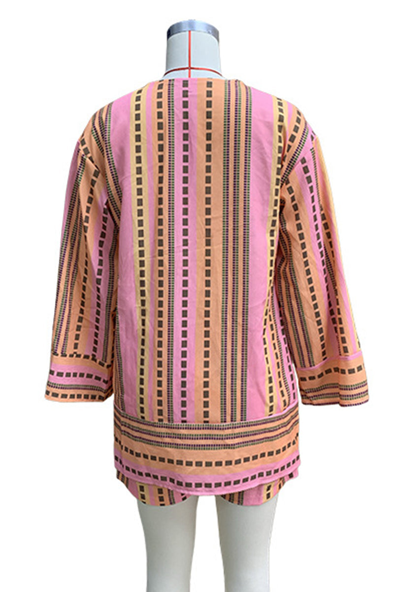 Daily Striped Print Pocket Cardigan Collar Long Sleeve Two Pieces
