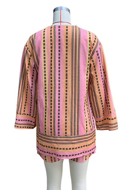 Daily Striped Print Pocket Cardigan Collar Long Sleeve Two Pieces