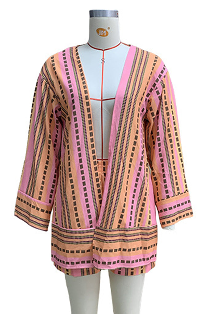 Daily Striped Print Pocket Cardigan Collar Long Sleeve Two Pieces