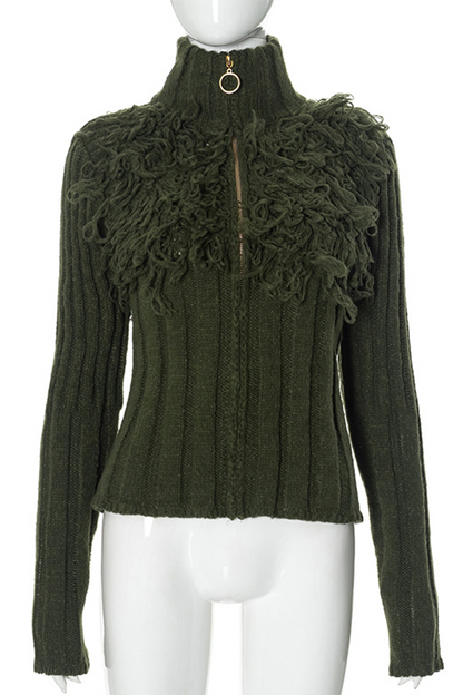 Fringed Trim Zipper Turtleneck Sweaters