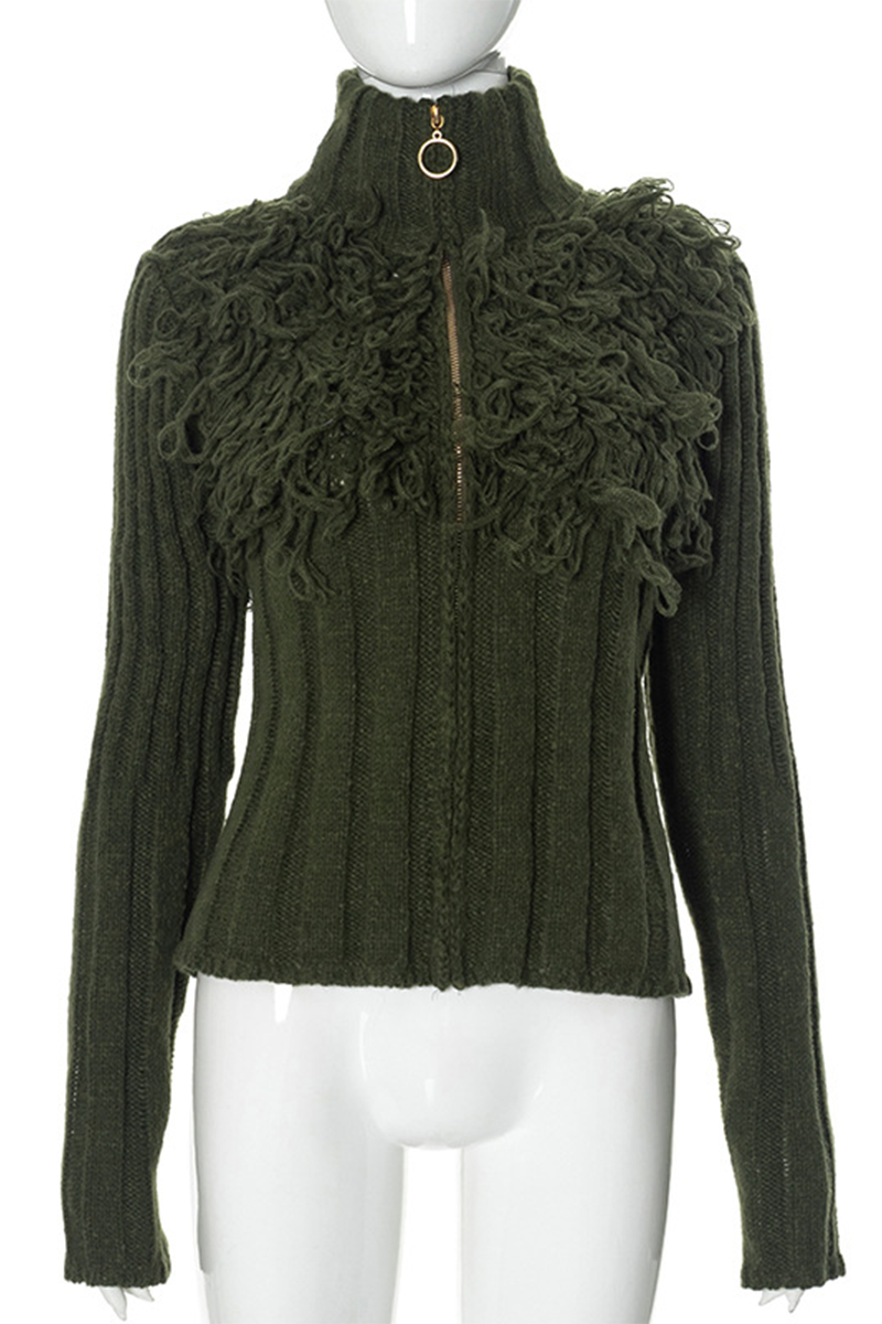 Fringed Trim Zipper Turtleneck Sweaters