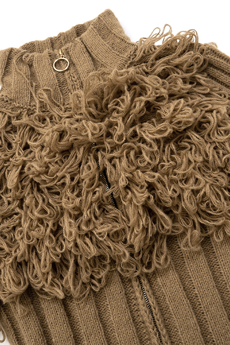 Fringed Trim Zipper Turtleneck Sweaters