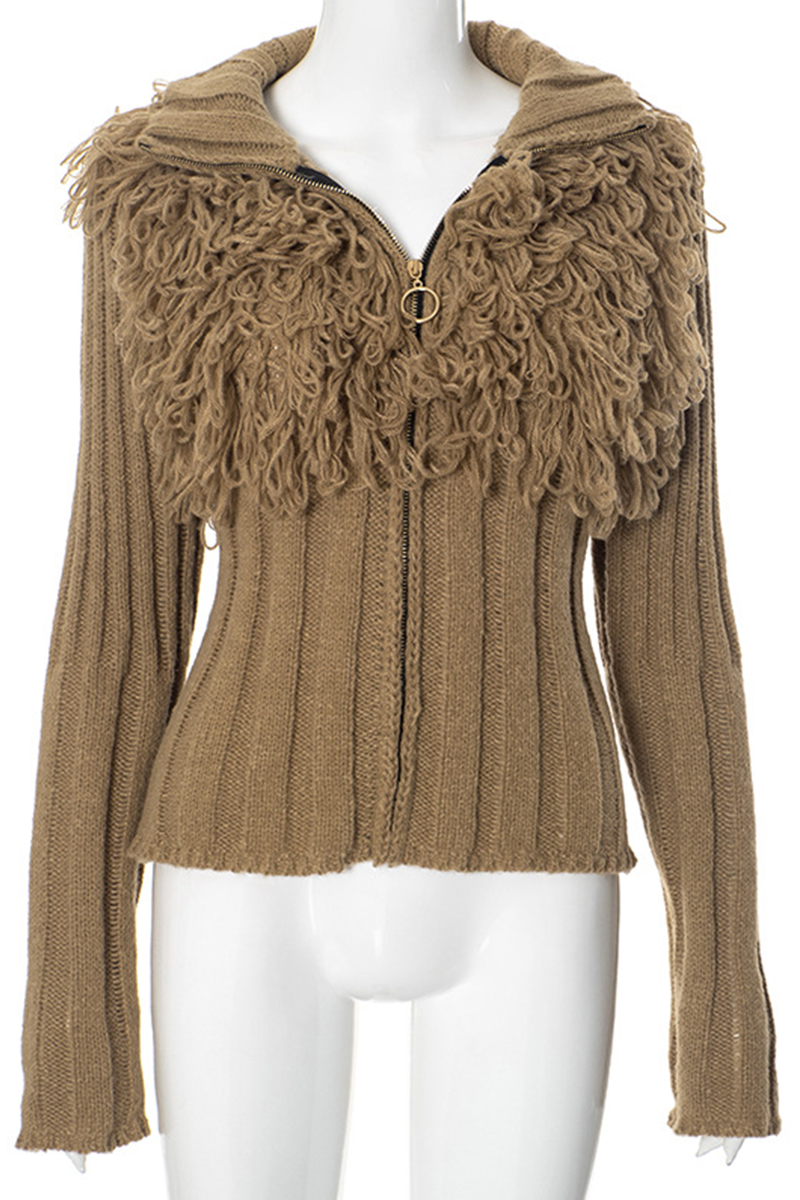 Fringed Trim Zipper Turtleneck Sweaters