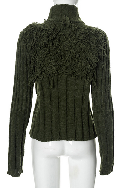 Fringed Trim Zipper Turtleneck Sweaters