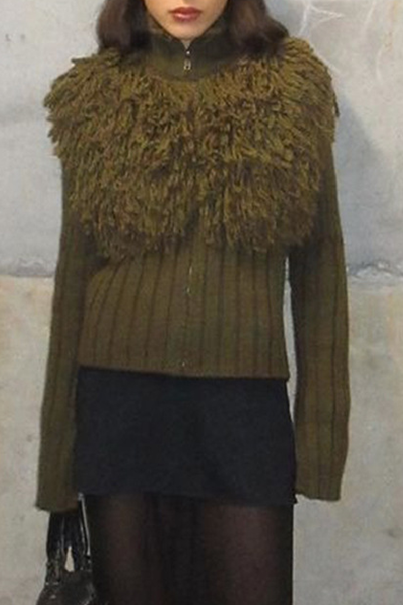 Fringed Trim Zipper Turtleneck Sweaters