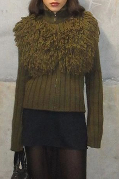 Fringed Trim Zipper Turtleneck Sweaters