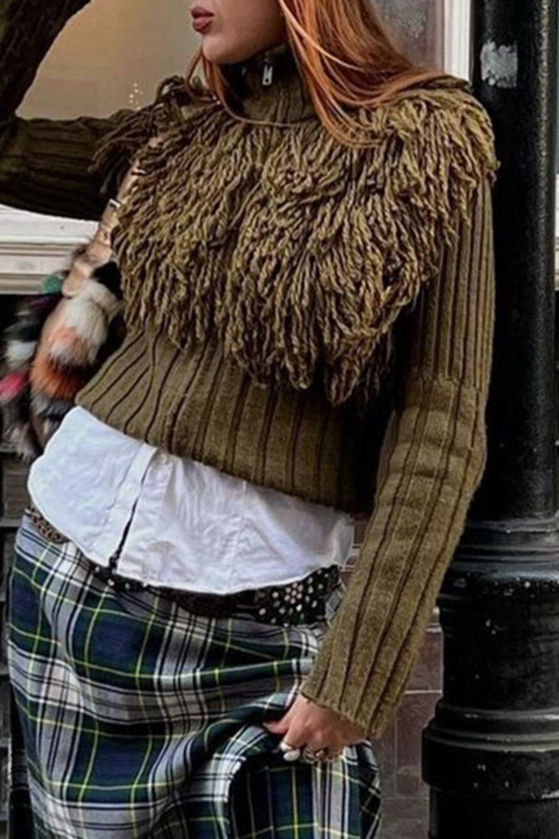 Fringed Trim Zipper Turtleneck Sweaters