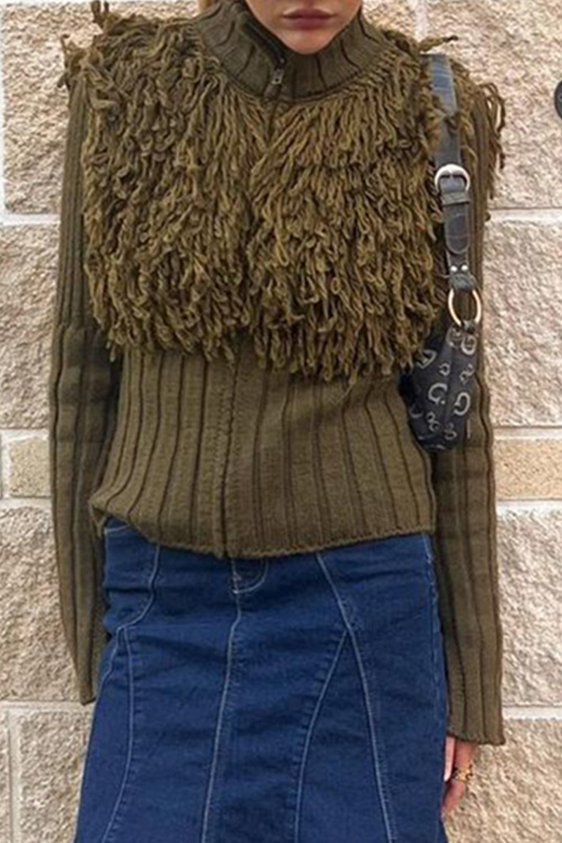 Fringed Trim Zipper Turtleneck Sweaters