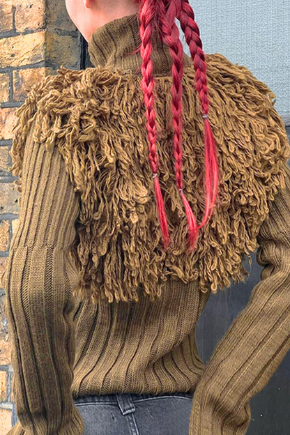 Fringed Trim Zipper Turtleneck Sweaters