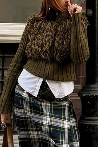 Fringed Trim Zipper Turtleneck Sweaters
