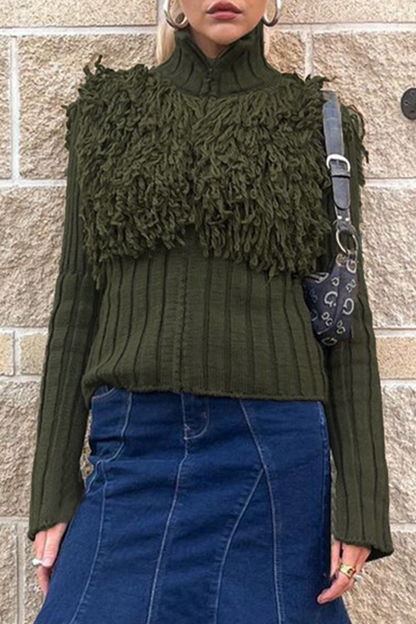 Fringed Trim Zipper Turtleneck Sweaters