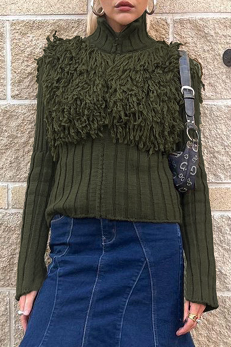 Fringed Trim Zipper Turtleneck Sweaters