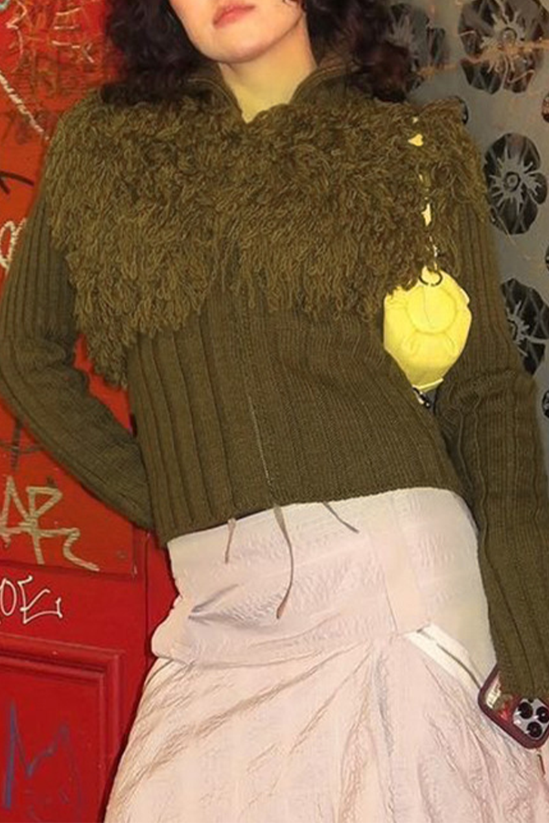 Fringed Trim Zipper Turtleneck Sweaters
