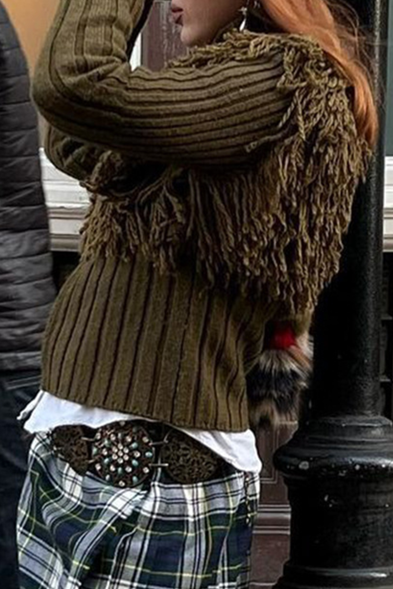 Fringed Trim Zipper Turtleneck Sweaters