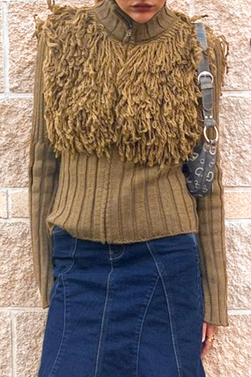 Fringed Trim Zipper Turtleneck Sweaters