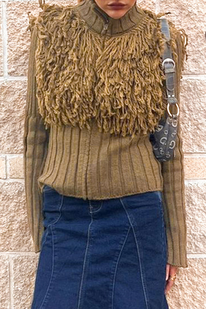 Fringed Trim Zipper Turtleneck Sweaters