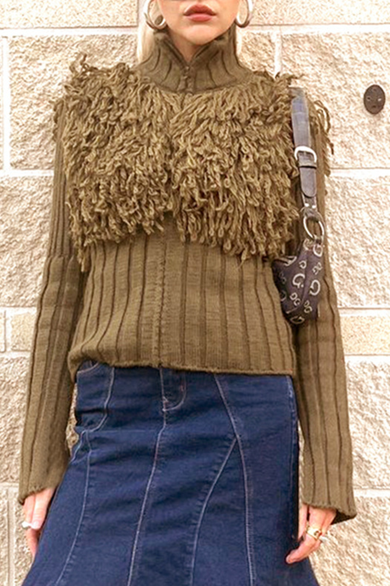 Fringed Trim Zipper Turtleneck Sweaters