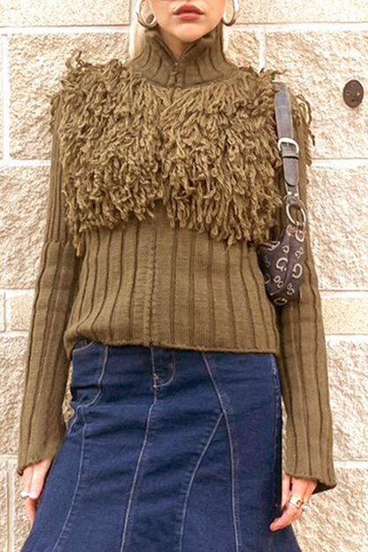 Fringed Trim Zipper Turtleneck Sweaters
