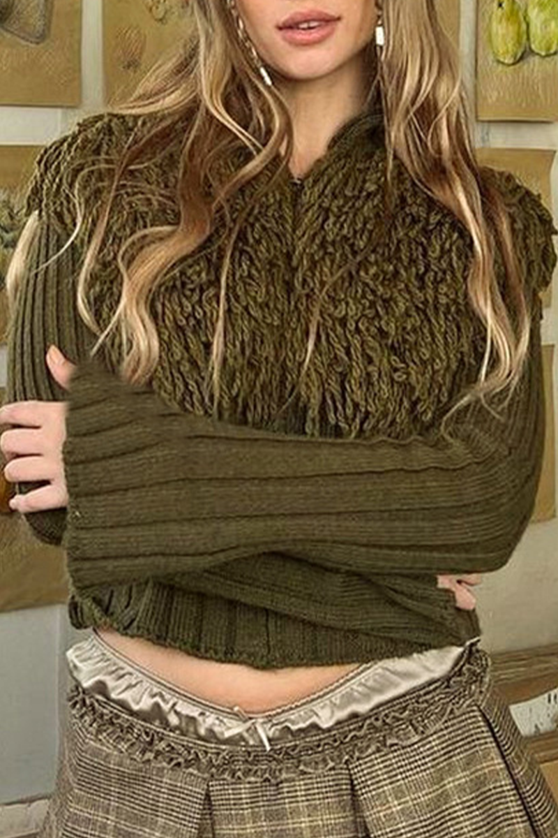 Fringed Trim Zipper Turtleneck Sweaters