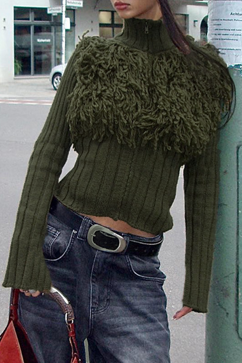 Fringed Trim Zipper Turtleneck Sweaters