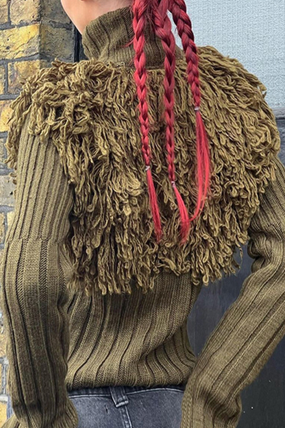 Fringed Trim Zipper Turtleneck Sweaters