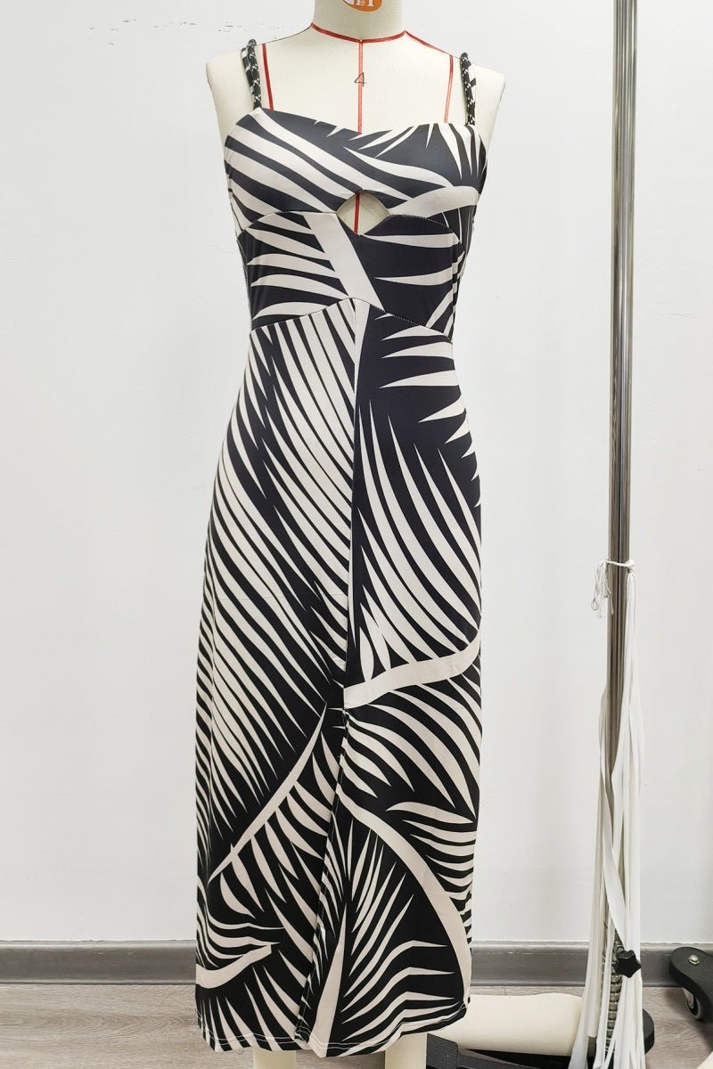 Print Hollow Out Backless Slit Spaghetti Strap Long Dresses