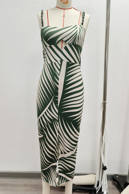 Print Hollow Out Backless Slit Spaghetti Strap Long Dresses