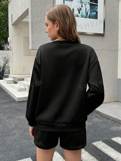 Letter Graphic Drop Shoulder Hoodie & Drawstring Waist Shorts