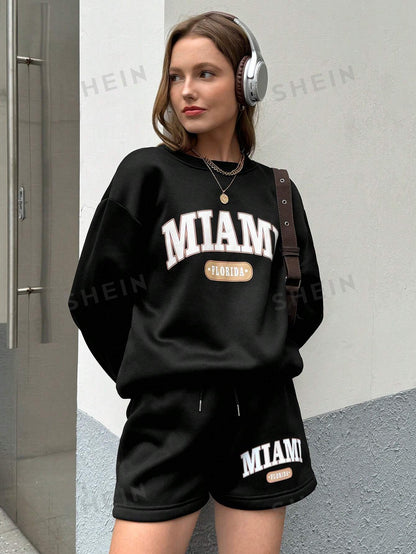 Letter Graphic Drop Shoulder Hoodie & Drawstring Waist Shorts