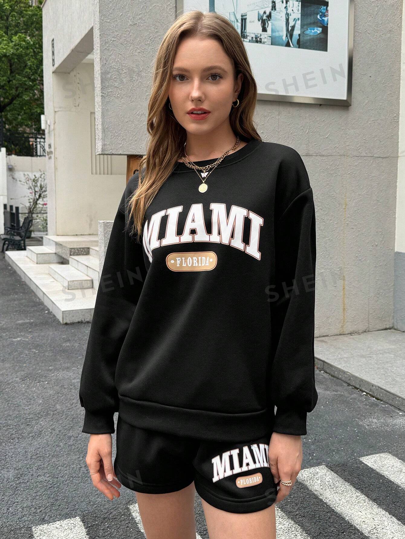 Letter Graphic Drop Shoulder Hoodie & Drawstring Waist Shorts