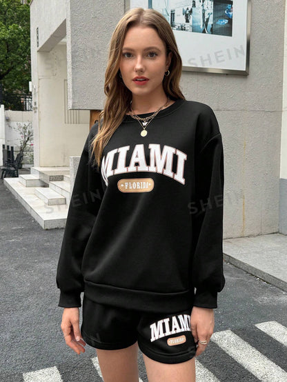 Letter Graphic Drop Shoulder Hoodie & Drawstring Waist Shorts